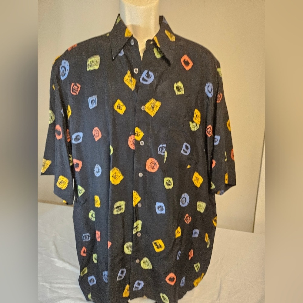 Casa Moda Mens Short Sleeve Button‎ Down Shirt Black Abstract Geometric Print L